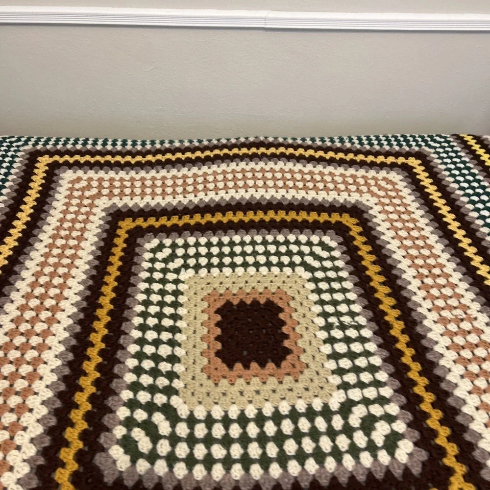 Vintage Handmade Crochet Granny Square Afghan Throw Blanket 63 x‎ 63 Earth Tone